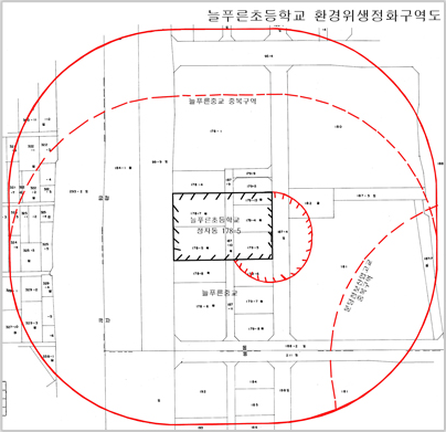 늘푸른초등학교의 학교 환경위생 정화구역도를 나타낸 이미지입니다.